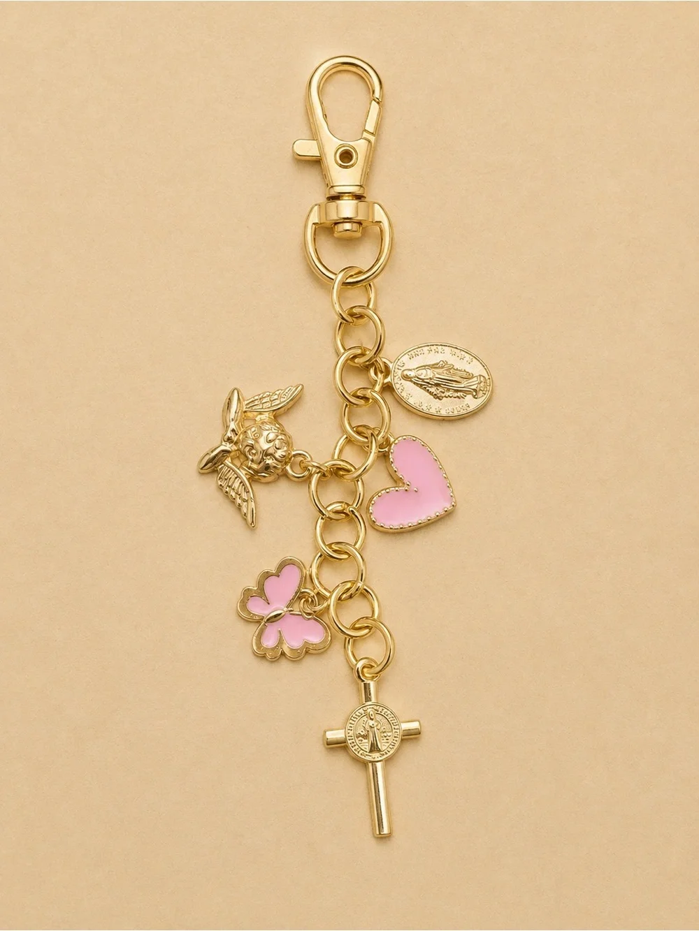 Gold-Tone Pink Charm Keychain with Cross and Heart